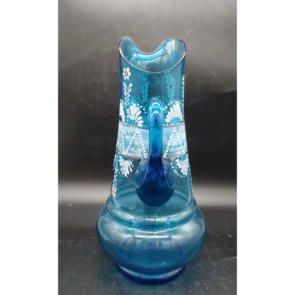 Antique Northwood Glass Hand Painted Enameled Blue Glass Tankard Pitcher 13